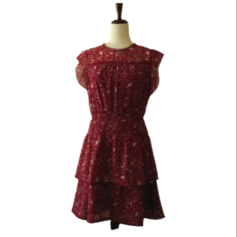 AQUA Women's Floral Print Tiered Flutter Sleeve Boho Mini Dress Burgundy Size S